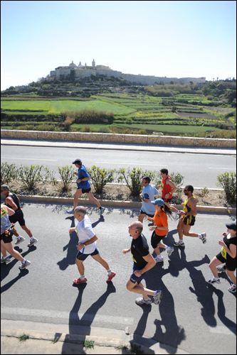 Mtarfa (Mdina start in the background), 4km into the Full and Half Marathons