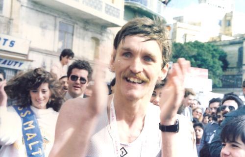 John Walsh as usual applauding and encouraging all athletes at the finish of the first Malta Marathon in 1986.