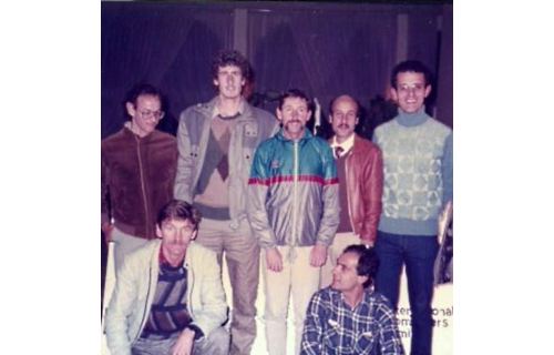 Squatting from left John Walsh and Peter Borg Costanzi. Standing from left Edwin Attard, Joe Micallef, Ron Hill - 1986 Malta Marathon special guest, Charles Cioffi and Joe Farrugia