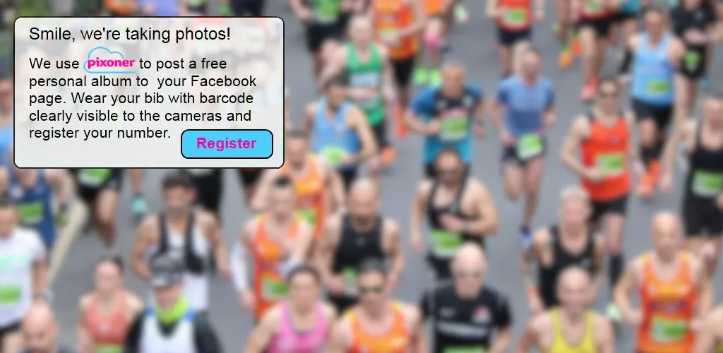 Get your free personal Facebook album. Wear your bib with barcode clearly visible to the cameras and register your number. 